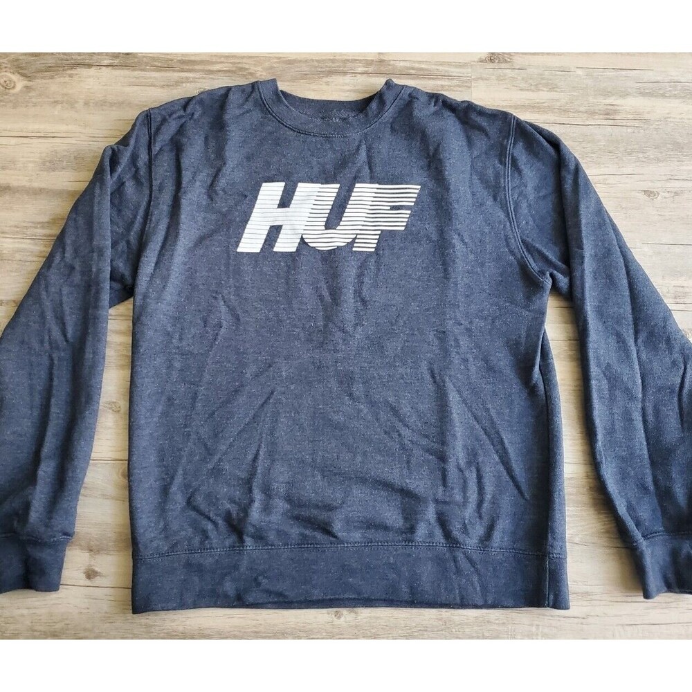 HUF Mens Crewneck Sweatshirt Sz S Pullover Long Sleeve Blue Logo Spellout Y2K